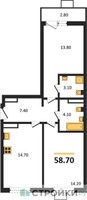 Планировка двухкомнатной(квартира) площадью 58.7 квадратных метров в “ЖК Деснаречье”