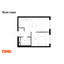 Планировка однокомнатной(квартира) площадью 34.2 квадратных метров в ЖК “ЖК Яуза Парк (Мытищи)”