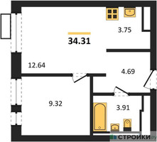 Планировка однокомнатной(квартира) площадью 34.31 квадратных метров в “ЖК Пятницкие луга”