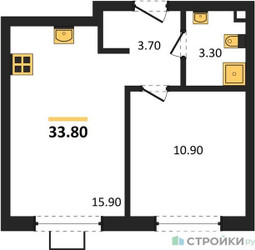 Планировка однокомнатной(квартира) площадью 33.8 квадратных метров в ЖК “ЖК Лучи-2”
