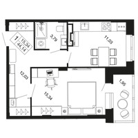 Планировка однокомнатной(квартира) площадью 44.14 квадратных метров в “ЖК Времена года”