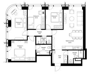 Планировка 4+ комнатной(квартира) площадью 104.6 квадратных метров в ЖК “ЖК Сити Бэй”