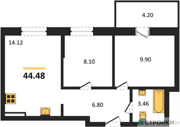 Планировка двухкомнатной(квартира) площадью 44.48 квадратных метров в ЖК “ЖК ВОСТОК II”