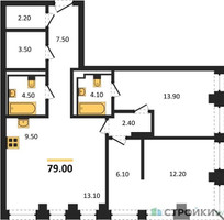 Планировка двухкомнатной(квартира) площадью 79 квадратных метров в “ЖК INJOY (Инджой)”