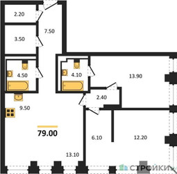 Планировка двухкомнатной(квартира) площадью 79 квадратных метров в ЖК “ЖК INJOY (Инджой)”