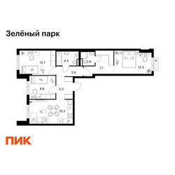 Планировка трехкомнатной(квартира) площадью 73 квадратных метров в ЖК “ЖК Зеленый парк”