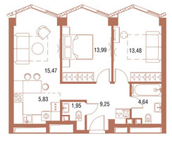 Планировка однокомнатной(квартира) площадью 38.3 квадратных метров в “ЖК Symphony 34 (Симфония 34)”