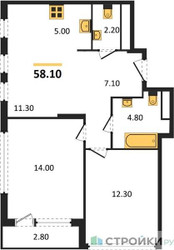Планировка двухкомнатной(квартира) площадью 58.1 квадратных метров в “ЖК Южные сады”