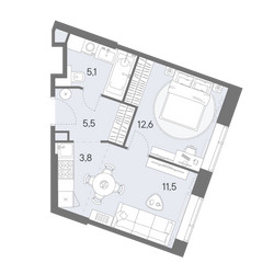Планировка однокомнатной(квартира) площадью 38.5 квадратных метров в ЖК “ЖК Родина Переделкино”