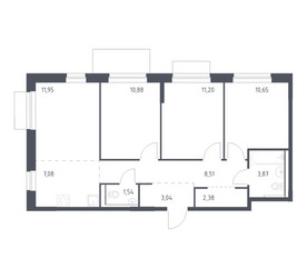 Планировка трехкомнатной(квартира) площадью 71.1 квадратных метров в ЖК “ЖК Новое Внуково”