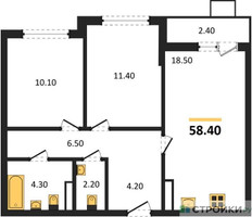 Планировка двухкомнатной(квартира) площадью 58.4 квадратных метров в “ЖК Деснаречье”