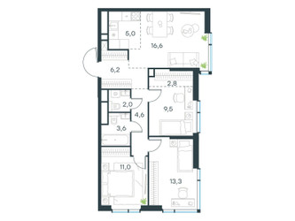 Планировка 4+ комнатной(квартира) площадью 74.6 квадратных метров в ЖК “ЖК Level Мичуринский”