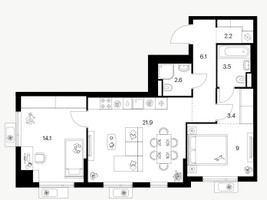 Планировка двухкомнатной(квартира) площадью 62.8 квадратных метров в “Ярославский квартал”