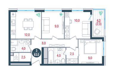 Планировка трехкомнатной(квартира) площадью 63 квадратных метров в ЖК “ЖК РУСИЧ-Кантемировский”