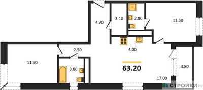 Планировка двухкомнатной(квартира) площадью 63.2 квадратных метров в ЖК “ЖК Новая Щербинка”