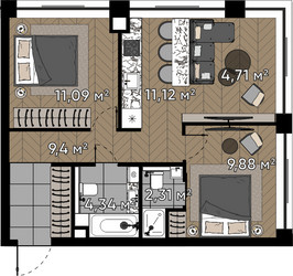 Планировка двухкомнатной(квартира) площадью 52.9 квадратных метров в ЖК “ЖК Квартал Серебряный бор”