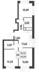 Планировка трехкомнатной(квартира) площадью 60 квадратных метров в ЖК “ЖК Smart Garden (Смарт Гарден)”