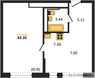 Планировка однокомнатной(квартира) площадью 43.35 квадратных метров в ЖК “ЖК Рублевский Квартал”