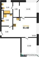 Планировка двухкомнатной(квартира) площадью 61.6 квадратных метров в “Кутузов Сити”