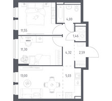 Планировка двухкомнатной(квартира) площадью 53.25 квадратных метров в “ЖК Богдановский Лес”