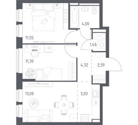 Планировка двухкомнатной(квартира) площадью 53.25 квадратных метров в ЖК “ЖК Богдановский Лес”