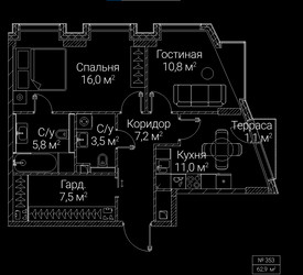 Планировка двухкомнатной(квартира) площадью 62.9 квадратных метров в ЖК “ЖК СЕЗАР БУДУЩЕЕ”
