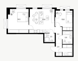 Планировка двухкомнатной(квартира) площадью 63.6 квадратных метров в “ЖК Саларьево парк”