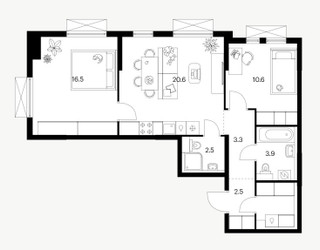 Планировка двухкомнатной(квартира) площадью 63.6 квадратных метров в ЖК “ЖК Саларьево парк”
