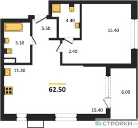 Планировка однокомнатной(квартира) площадью 62.5 квадратных метров в ЖК “ЖК Дзен-кварталы”