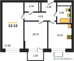 Планировка двухкомнатной(квартира) площадью 52.53 квадратных метров в “ЖК Богдановский Лес”