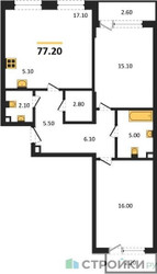 Планировка двухкомнатной(квартира) площадью 77.2 квадратных метров в ЖК “Квартал Филатов луг”