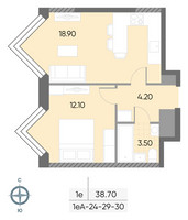 Планировка однокомнатной(квартира) площадью 38.7 квадратных метров в “ЖК Вейв”