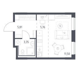 Планировка студии(квартира) площадью 26.42 квадратных метров в ЖК “ЖК Прибрежный Парк”
