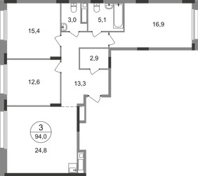 Планировка трехкомнатной(квартира) площадью 94 квадратных метров в ЖК “ЖК Переделкино Ближнее”