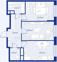 Планировка двухкомнатной(квартира) площадью 55.9 квадратных метров в “ЖК Аристов берег”