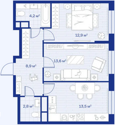 Планировка двухкомнатной(квартира) площадью 55.9 квадратных метров в ЖК “ЖК Аристов берег”