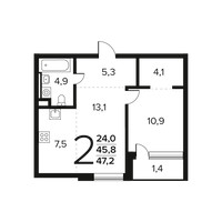 Планировка двухкомнатной(квартира) площадью 47.2 квадратных метров в “Новые Ватутинки. Заречный”