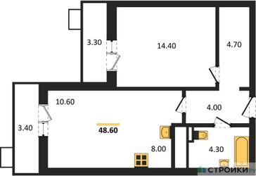 Планировка однокомнатной(квартира) площадью 48.6 квадратных метров в ЖК “ЖК Пироговская Ривьера”