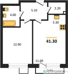 Планировка однокомнатной(квартира) площадью 41.3 квадратных метров в ЖК “ЖК Skolkovo ONE (Сколково Уан)”
