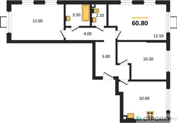 Планировка трехкомнатной(квартира) площадью 60.8 квадратных метров в ЖК “ЖК Лучи-2”