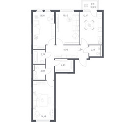 Планировка трехкомнатной(квартира) площадью 79.01 квадратных метров в ЖК “ЖК Пригород Лесное”