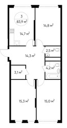 Планировка трехкомнатной(квартира) площадью 83.9 квадратных метров в ЖК “ЖК Переделкино Ближнее”