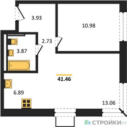 Планировка однокомнатной(квартира) площадью 41.46 квадратных метров в ЖК “ЖК Квартал Западный”