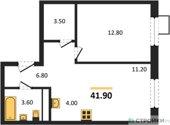 Планировка однокомнатной(квартира) площадью 41.9 квадратных метров в ЖК “ЖК ЭкоБунино (Южное Бунино)”
