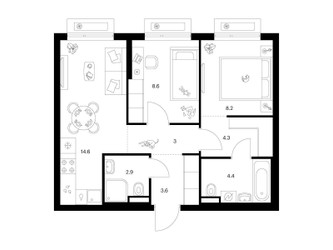 Планировка двухкомнатной(квартира) площадью 49.6 квадратных метров в ЖК “ЖК Зеленый парк”