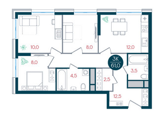 Планировка трехкомнатной(квартира) площадью 61 квадратных метров в ЖК “ЖК РУСИЧ-Кантемировский”