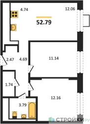 Планировка двухкомнатной(квартира) площадью 52.79 квадратных метров в “ЖК Прибрежный Парк”
