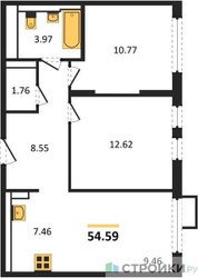 Планировка двухкомнатной(квартира) площадью 54.59 квадратных метров в “ЖК Остафьево”