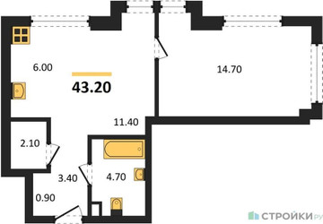 Планировка однокомнатной(квартира) площадью 43.2 квадратных метров в ЖК “Акценты”
