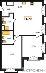 Планировка двухкомнатной(квартира) площадью 61.7 квадратных метров в ЖК “ДД:ОО:ММ. Дом на Часовой”